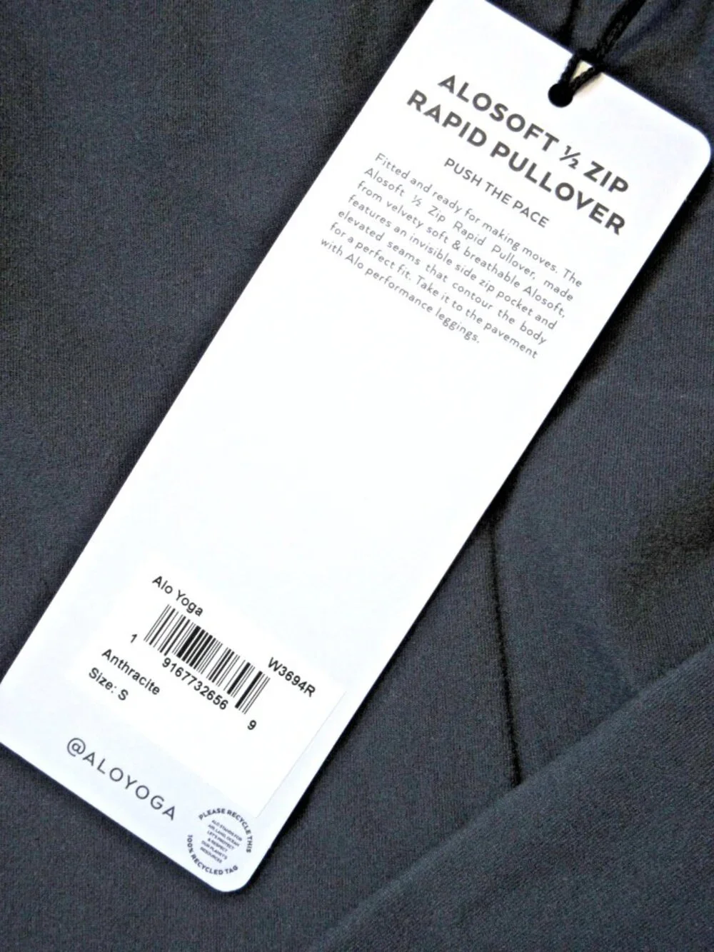 NWT Alo Alosoft 1/2 Zip Rapid Pullover in Anthracite Solid Stretch Fitted Top S